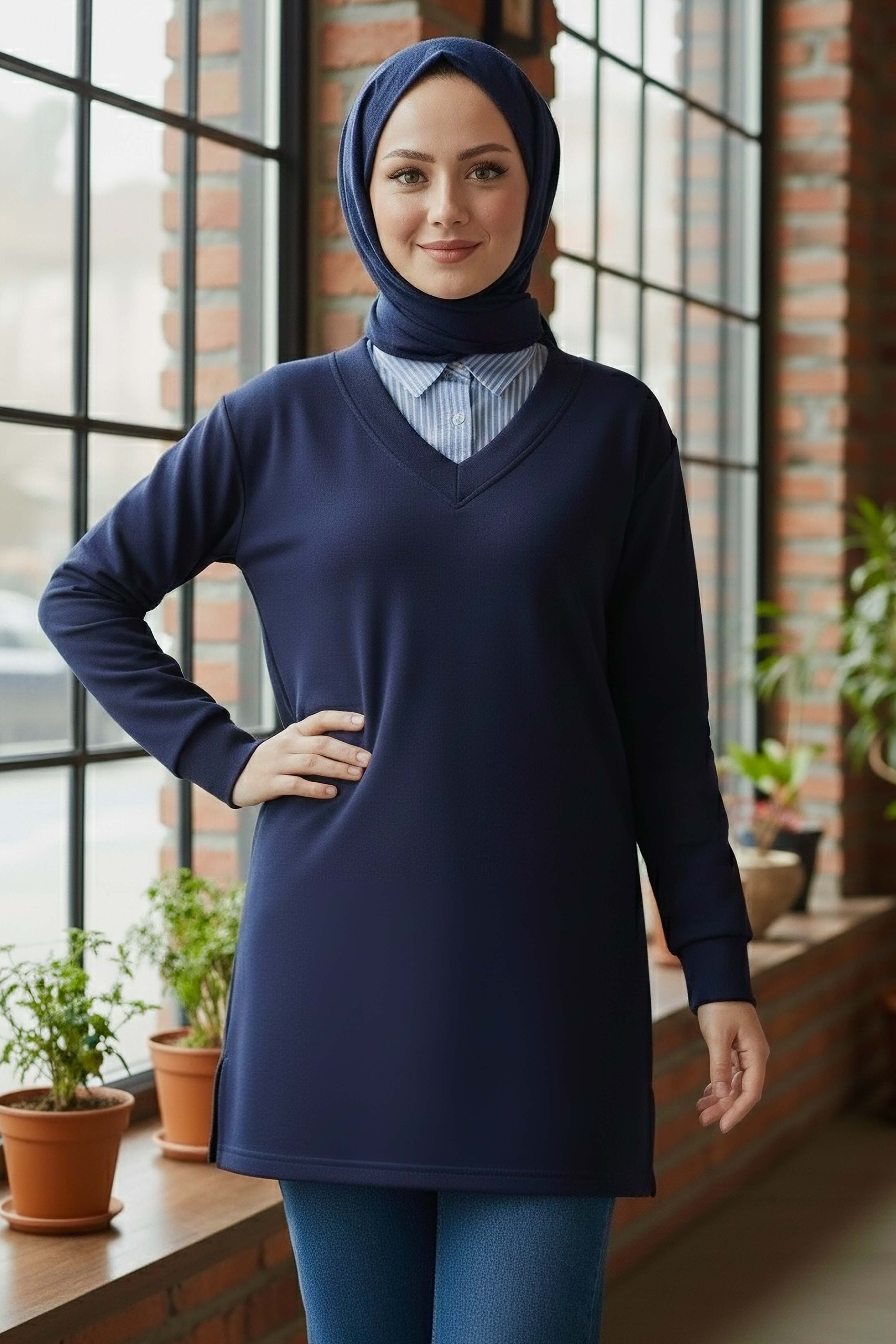 Yaka Detaylı Modal Tunik  - 1026-LACIVERT