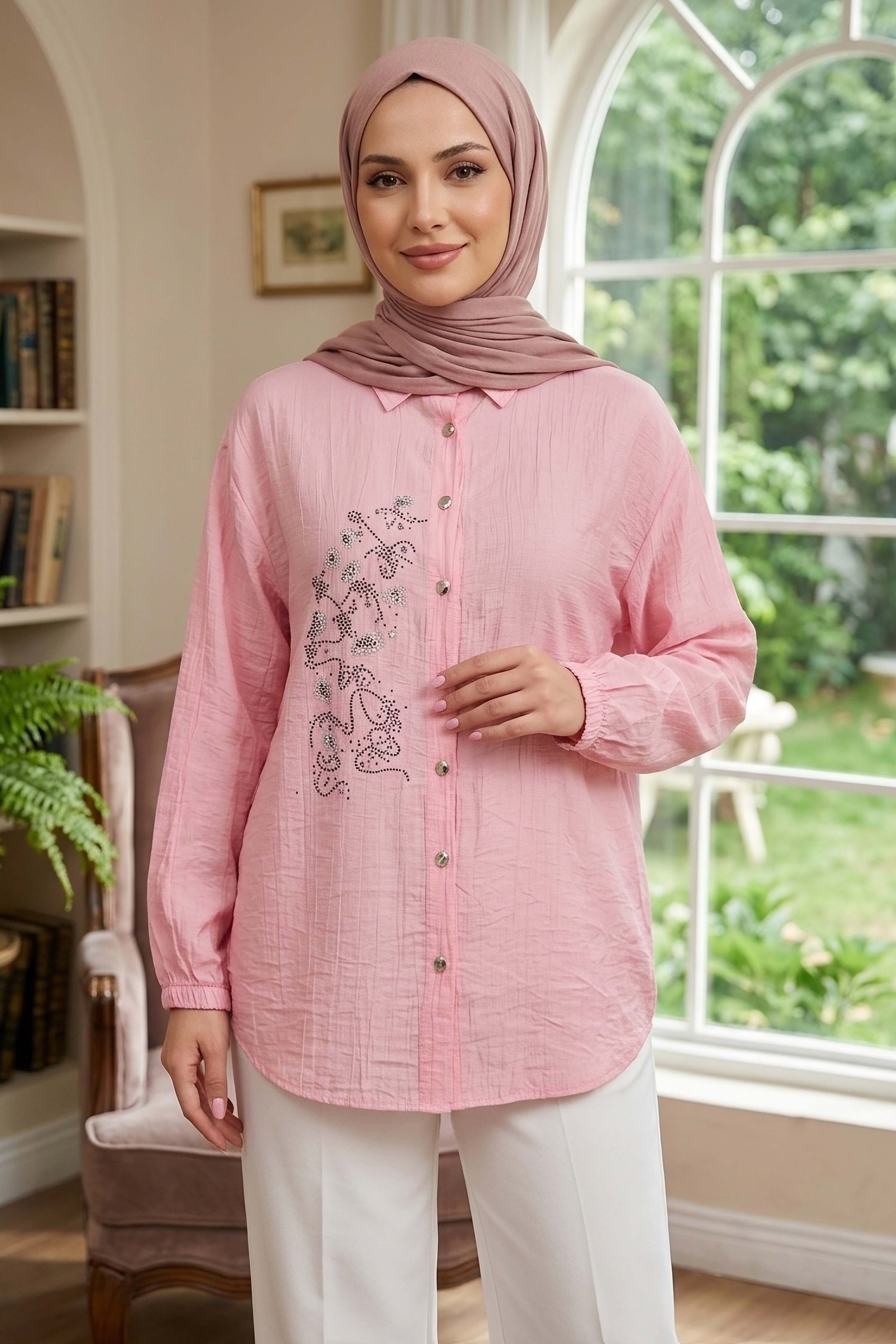 Yandan Düğme Detaylı Pullu Gömlek  - 1304-PEMBE