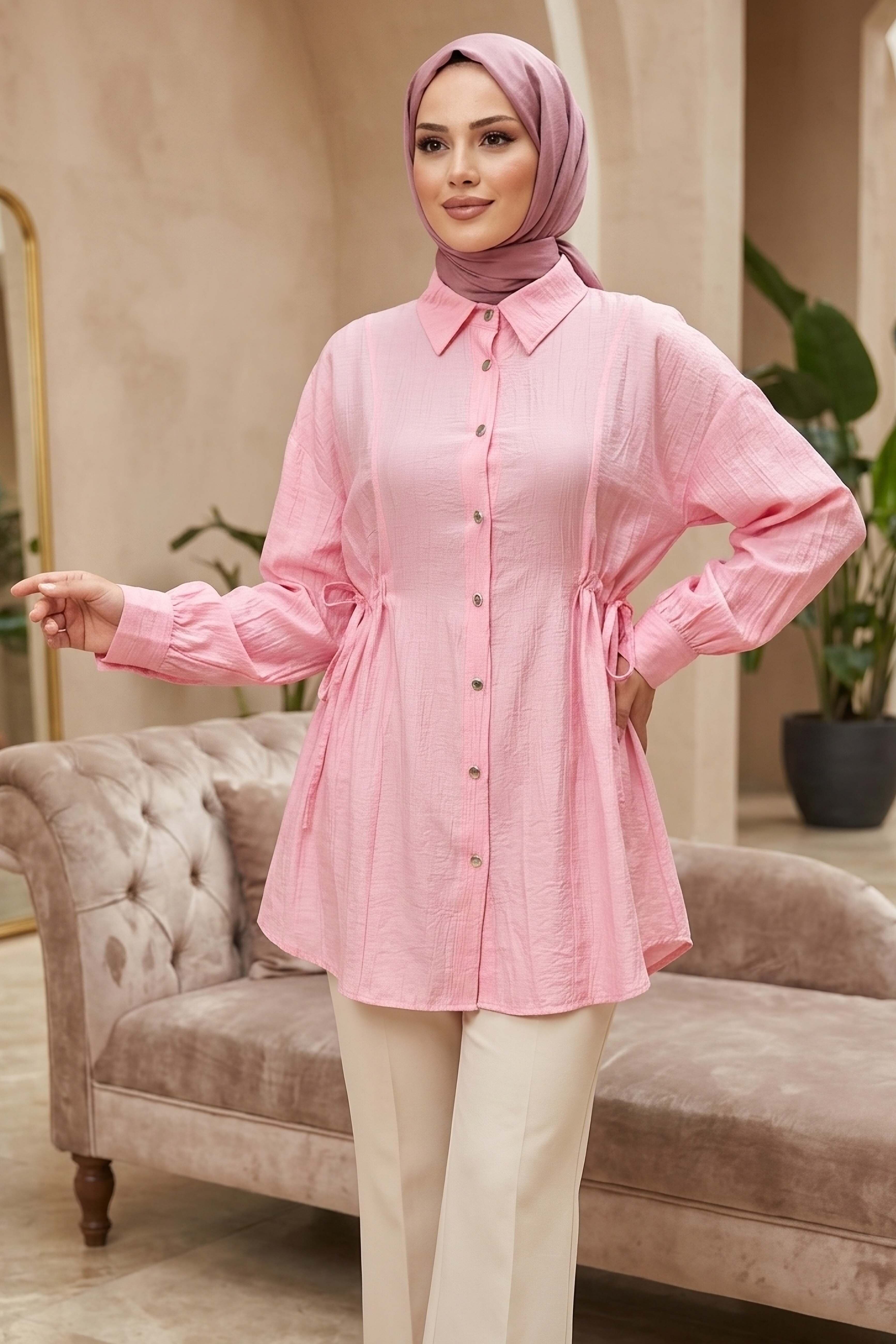 Yanlar Bağcık Detaylı Çilek Tunik  - 1307-PEMBE
