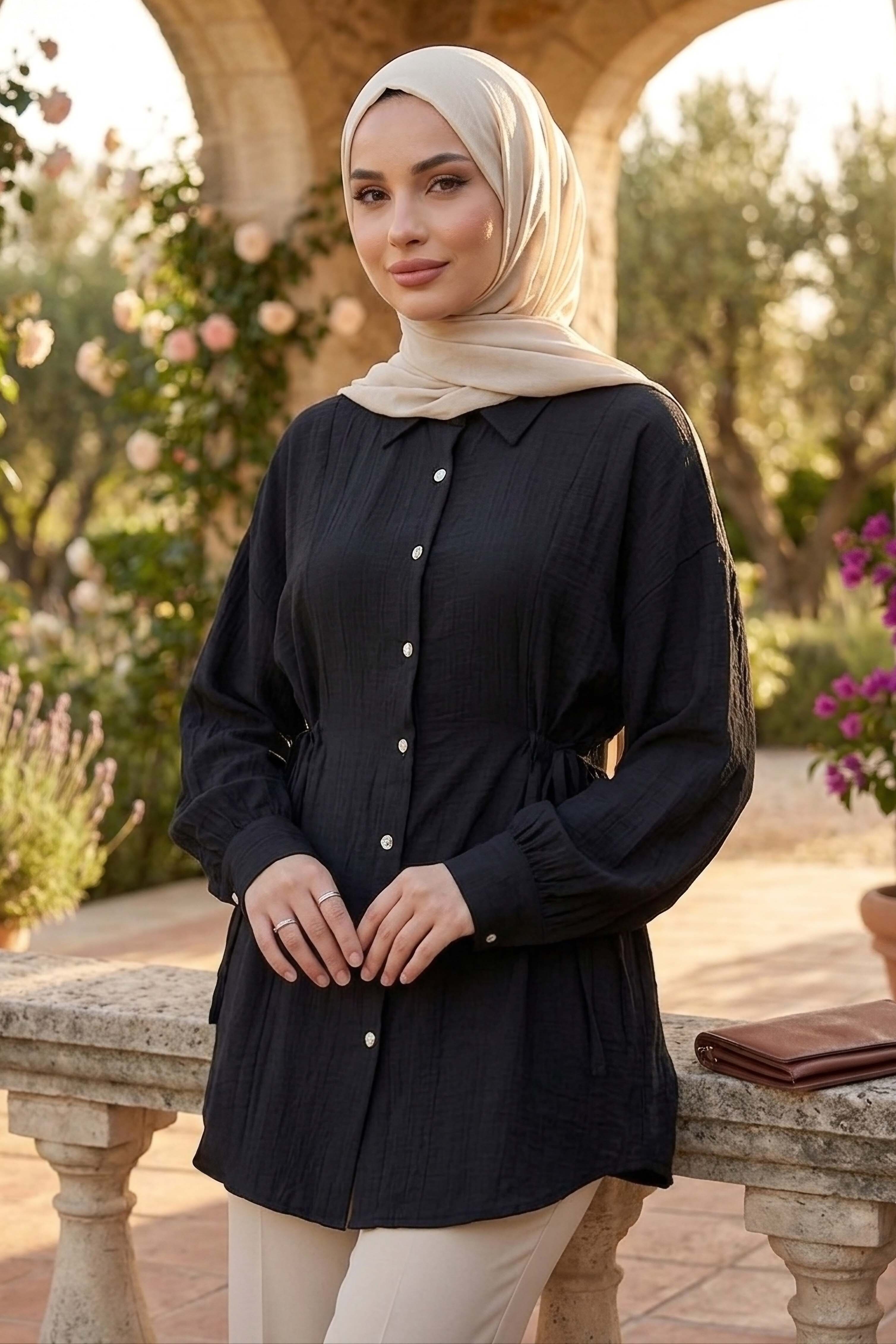 Yanlar Bağcık Detaylı Çilek Tunik  - 1307-SIYAH