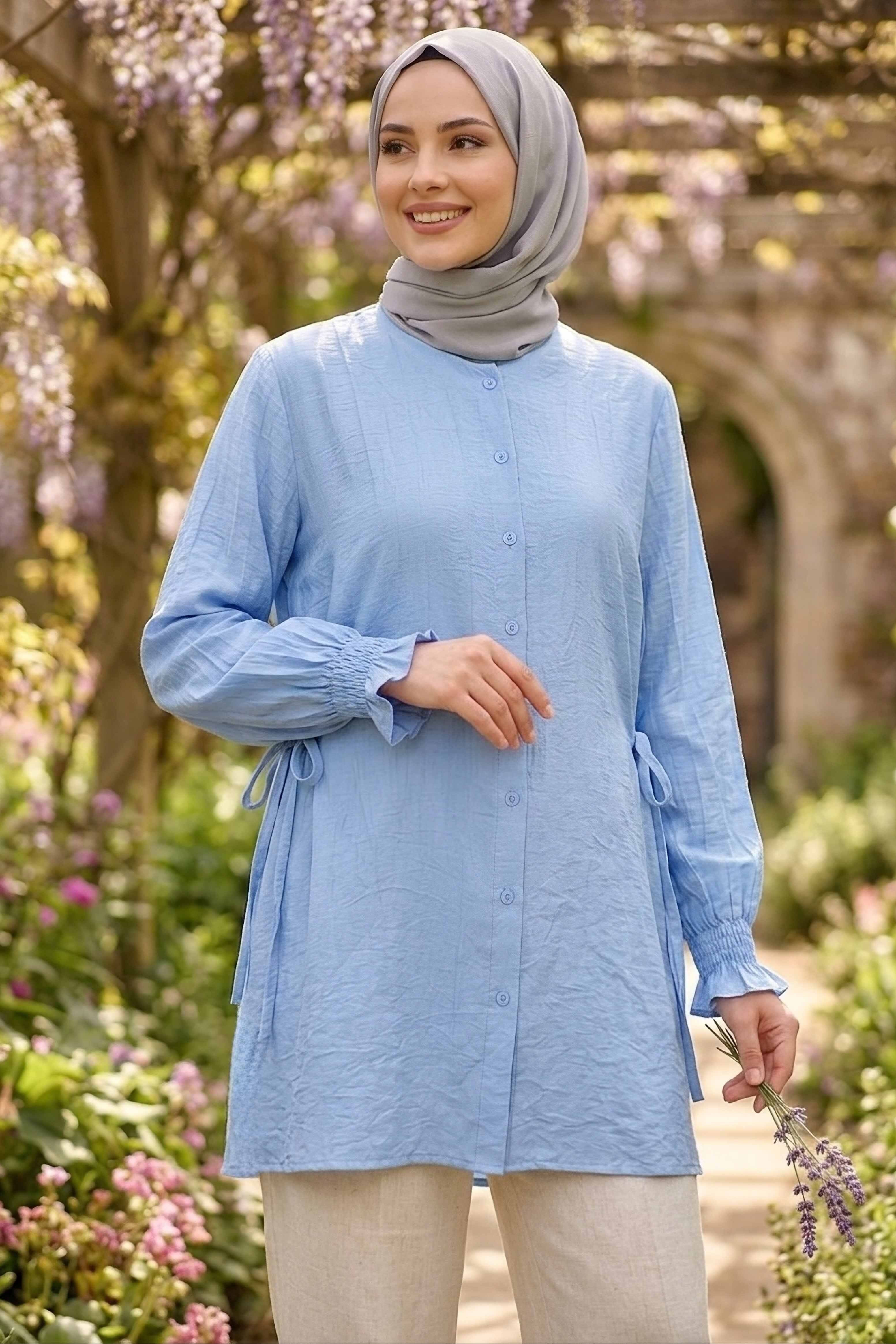 Yanları Bağcık Detaylı Çilek Tunik  - 1302-BEBE-MAVI