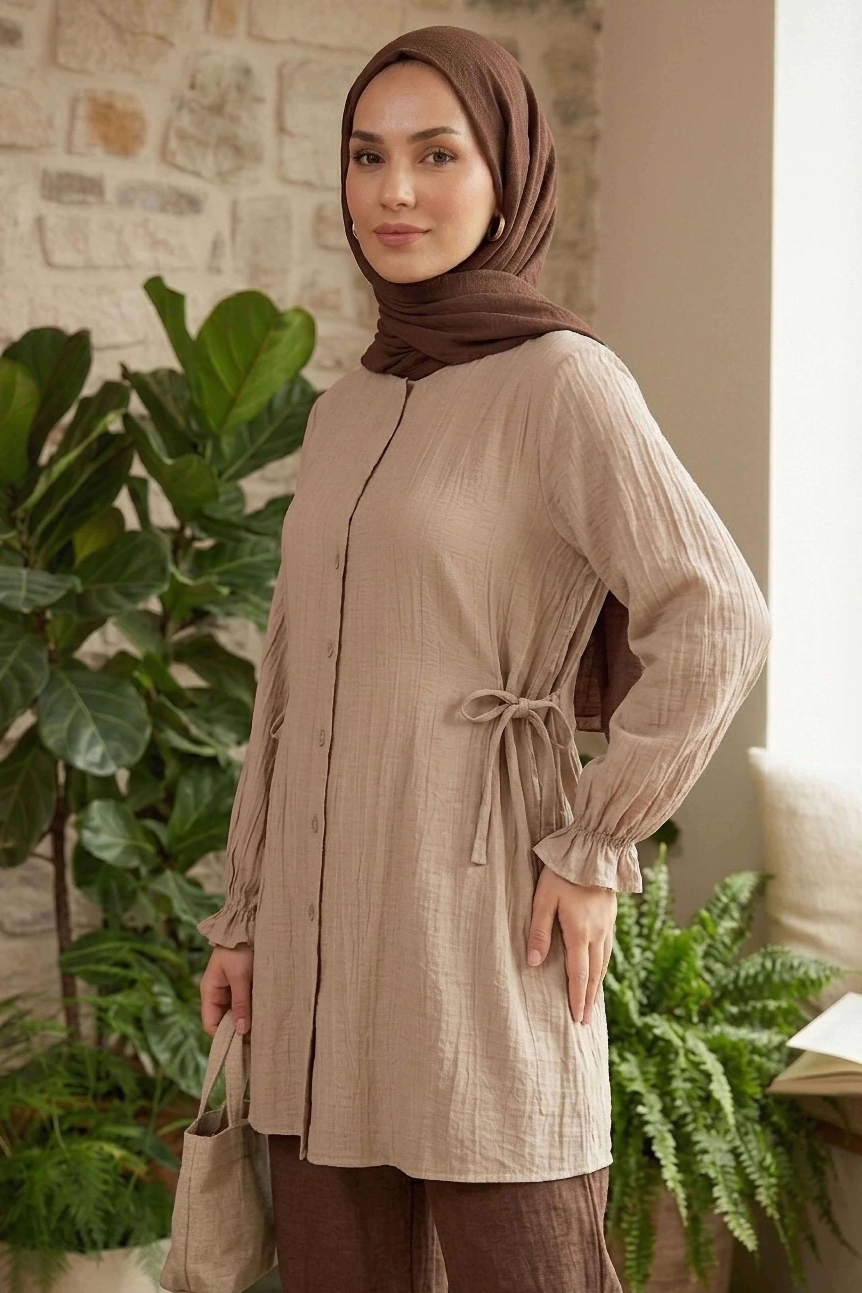 Yanları Bağcık Detaylı Çilek Tunik  - 1302-BEJ