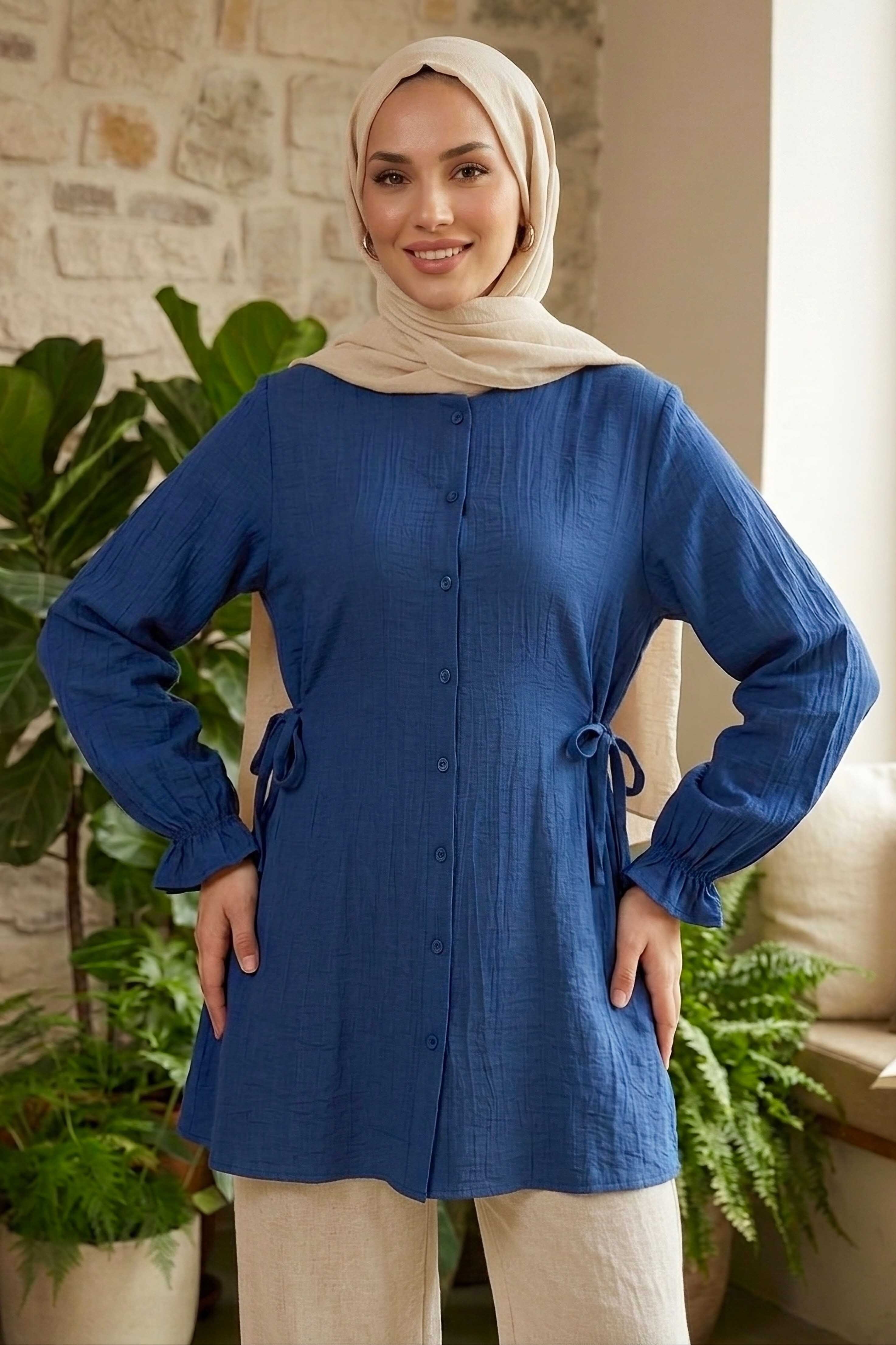 Yanları Bağcık Detaylı Çilek Tunik  - 1302-INDIGO