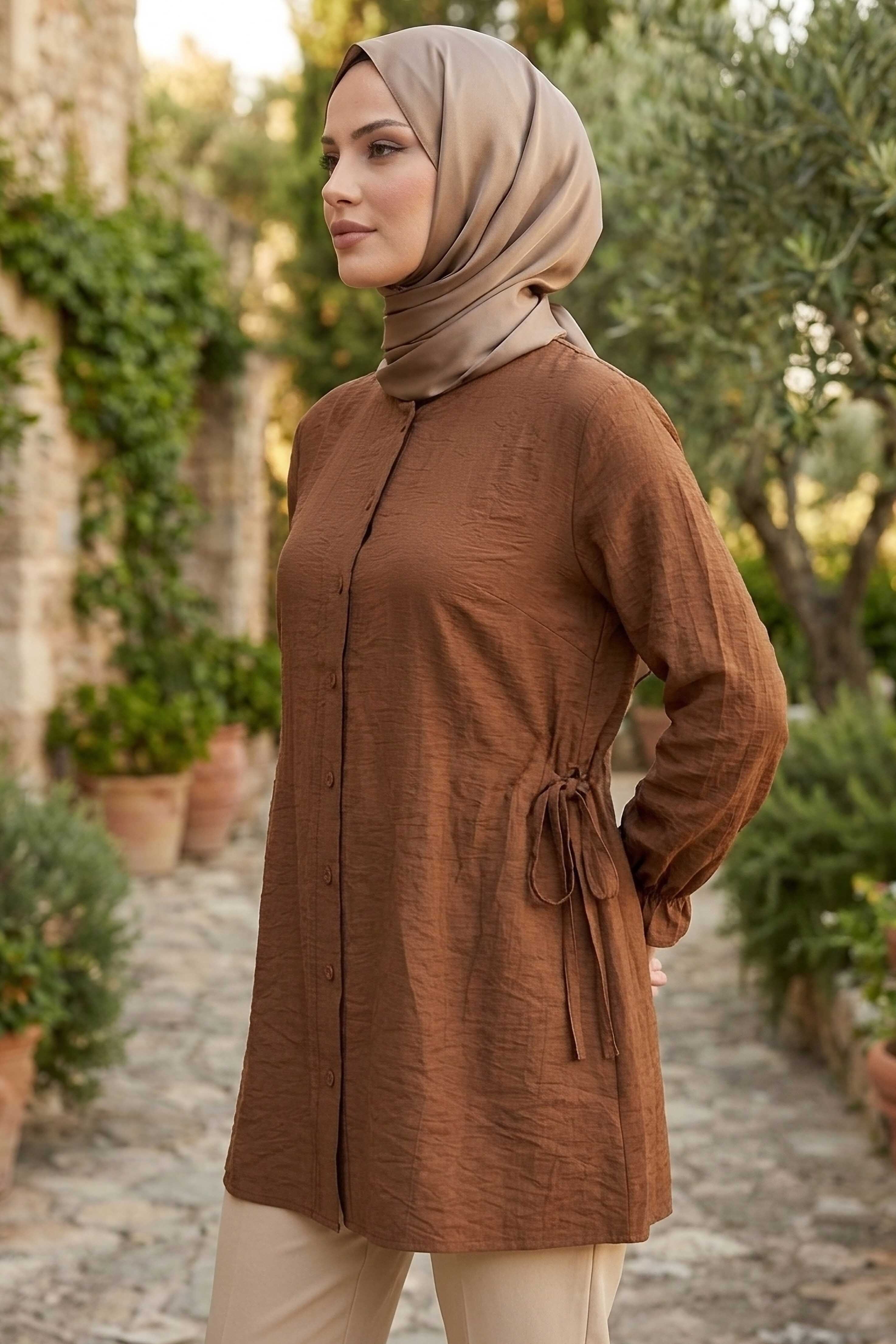 Yanları Bağcık Detaylı Çilek Tunik  - 1302-KAHVE