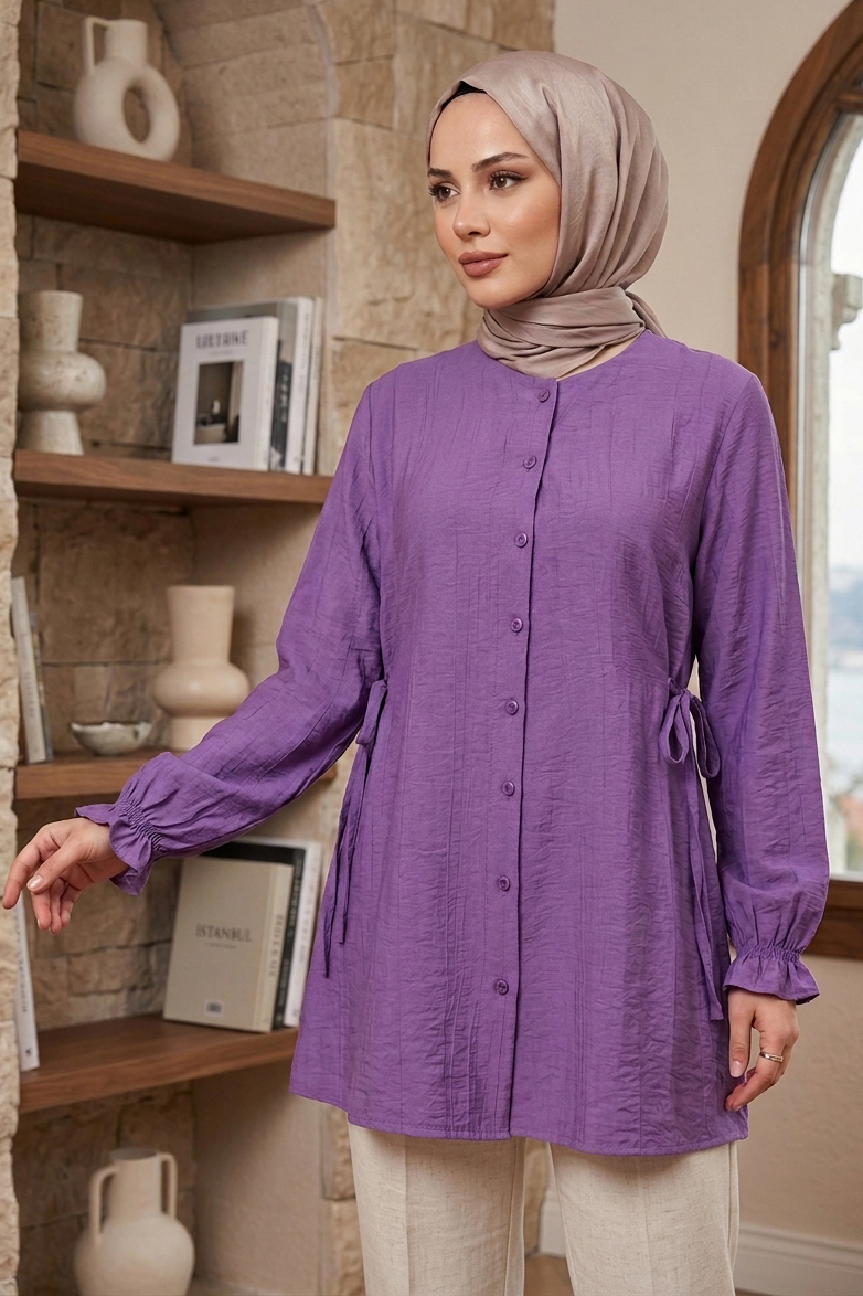 Yanları Bağcık Detaylı Çilek Tunik  - 1302-LILA