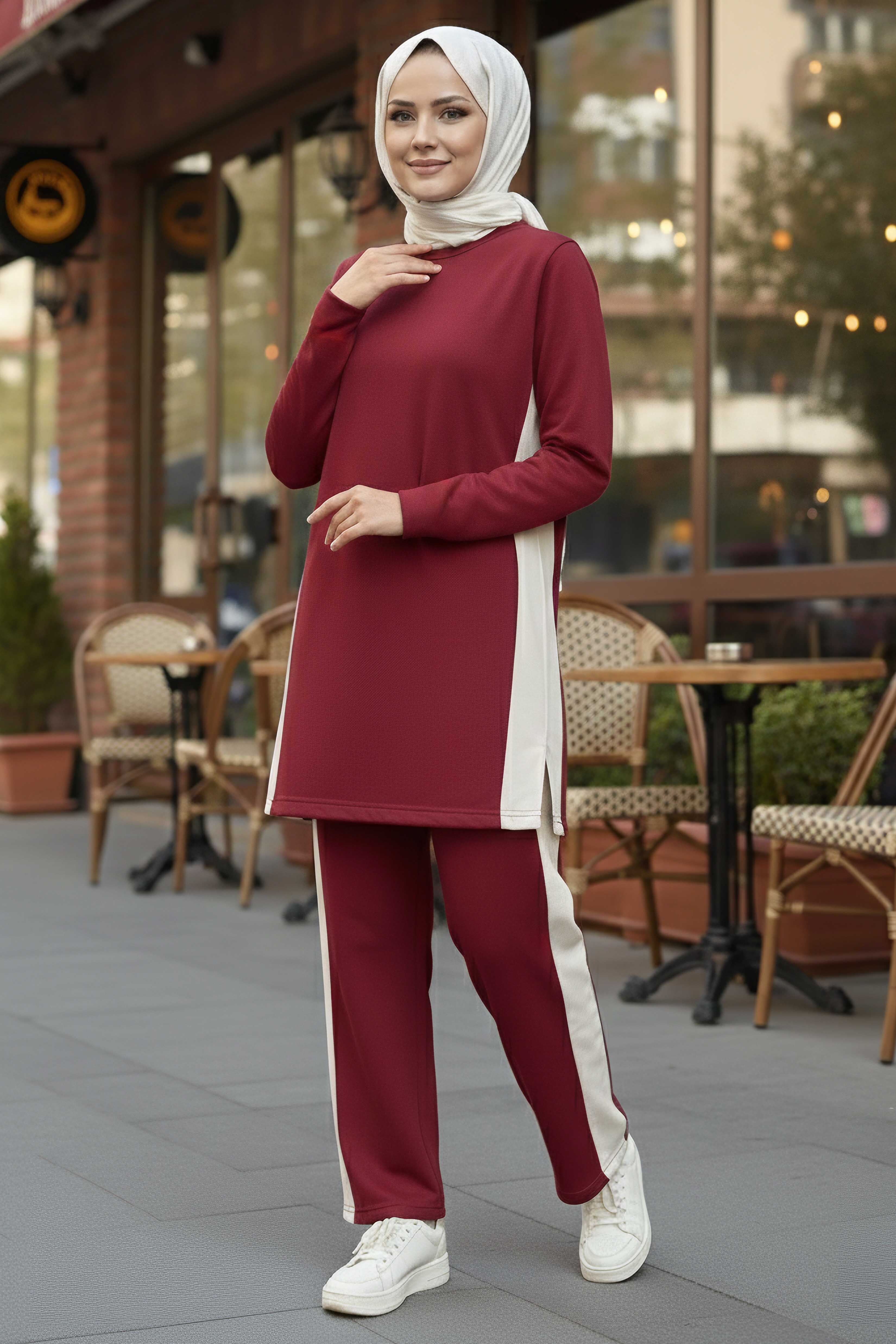 Yanları Şerit Detaylı İkili Takım  - 2055-BORDO