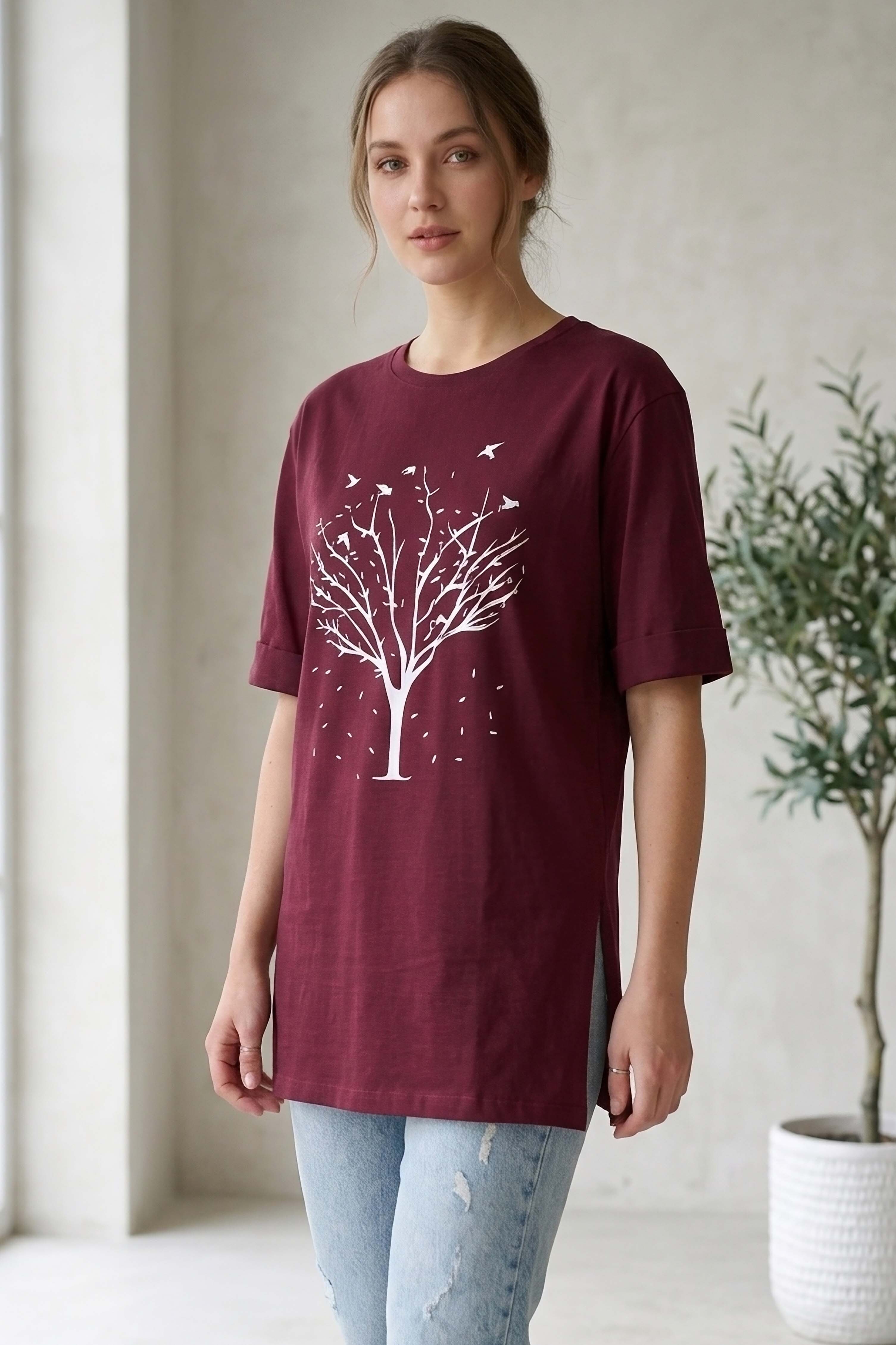 Yırtmaçlı Baskılı Kısa Kollu Tunik  - 1315-BORDO