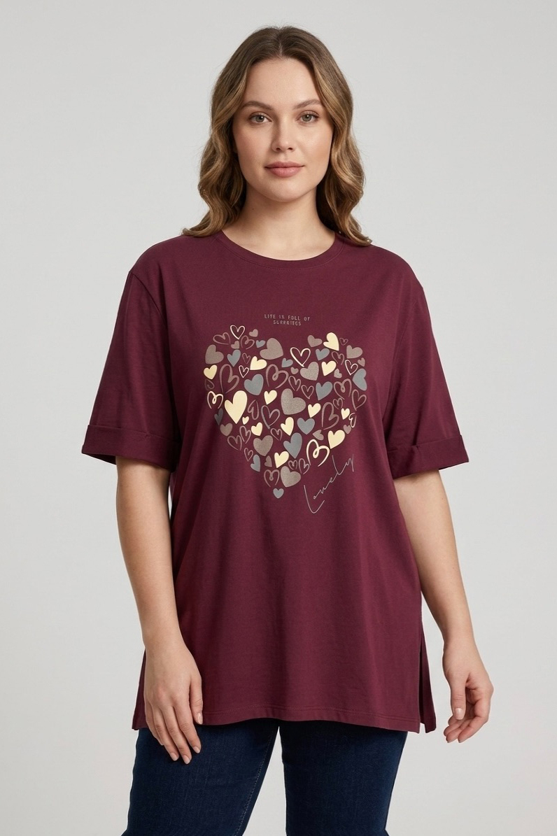Yırtmaçlı Baskılı Kısa Kollu Tunik Bordo - 1321-BORDO
