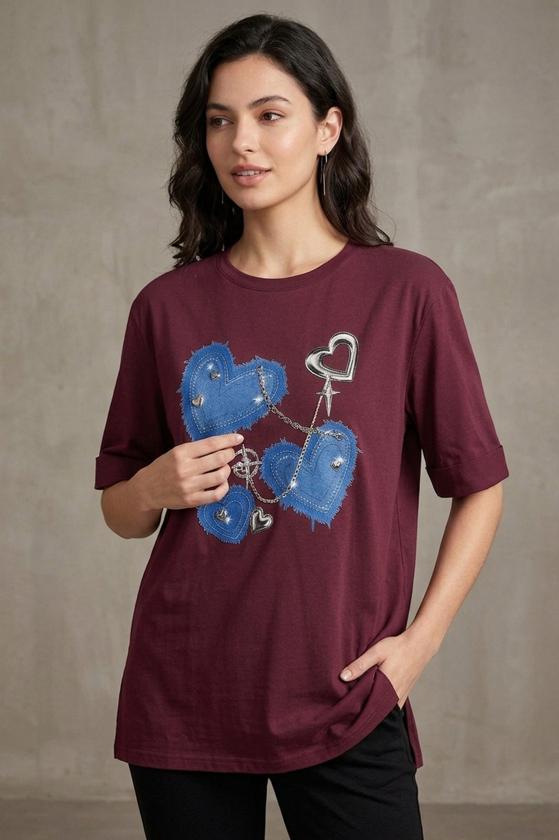 Yırtmaçlı Baskılı Kısa Kollu Tunik Bordo - 1322-BORDO