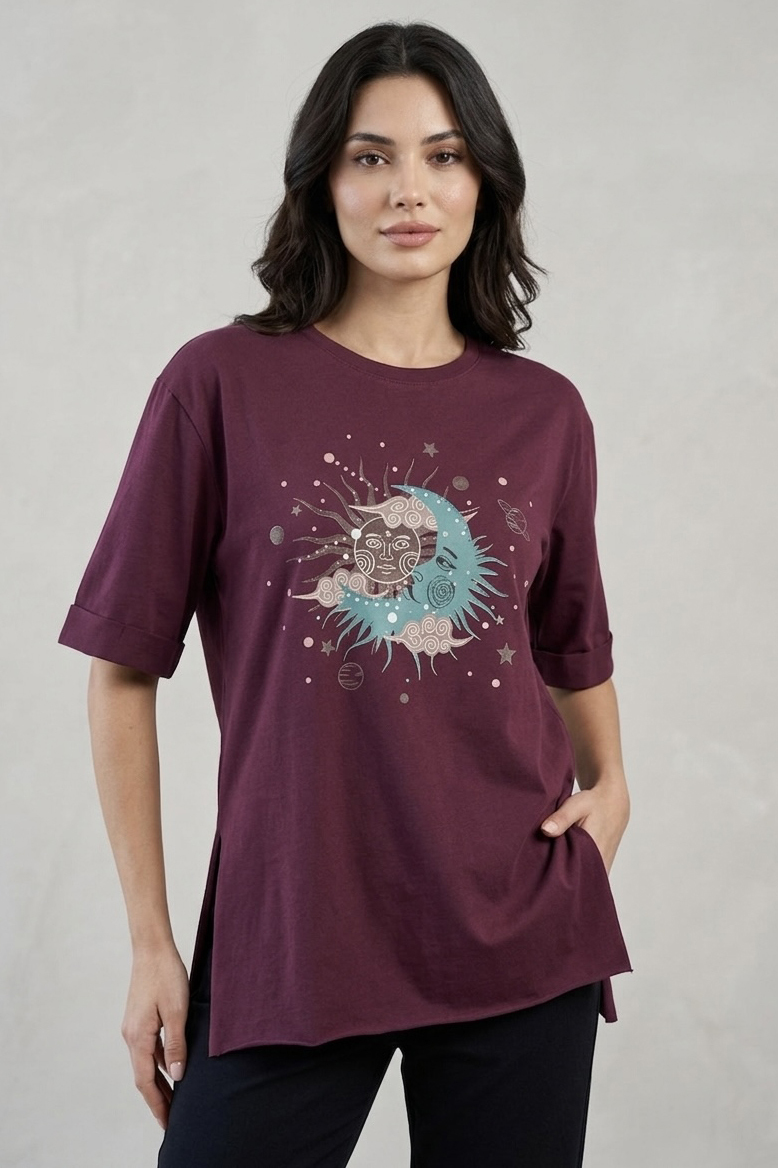 Yırtmaçlı Baskılı Kısa Kollu Tunik Bordo - 1323-BORDO