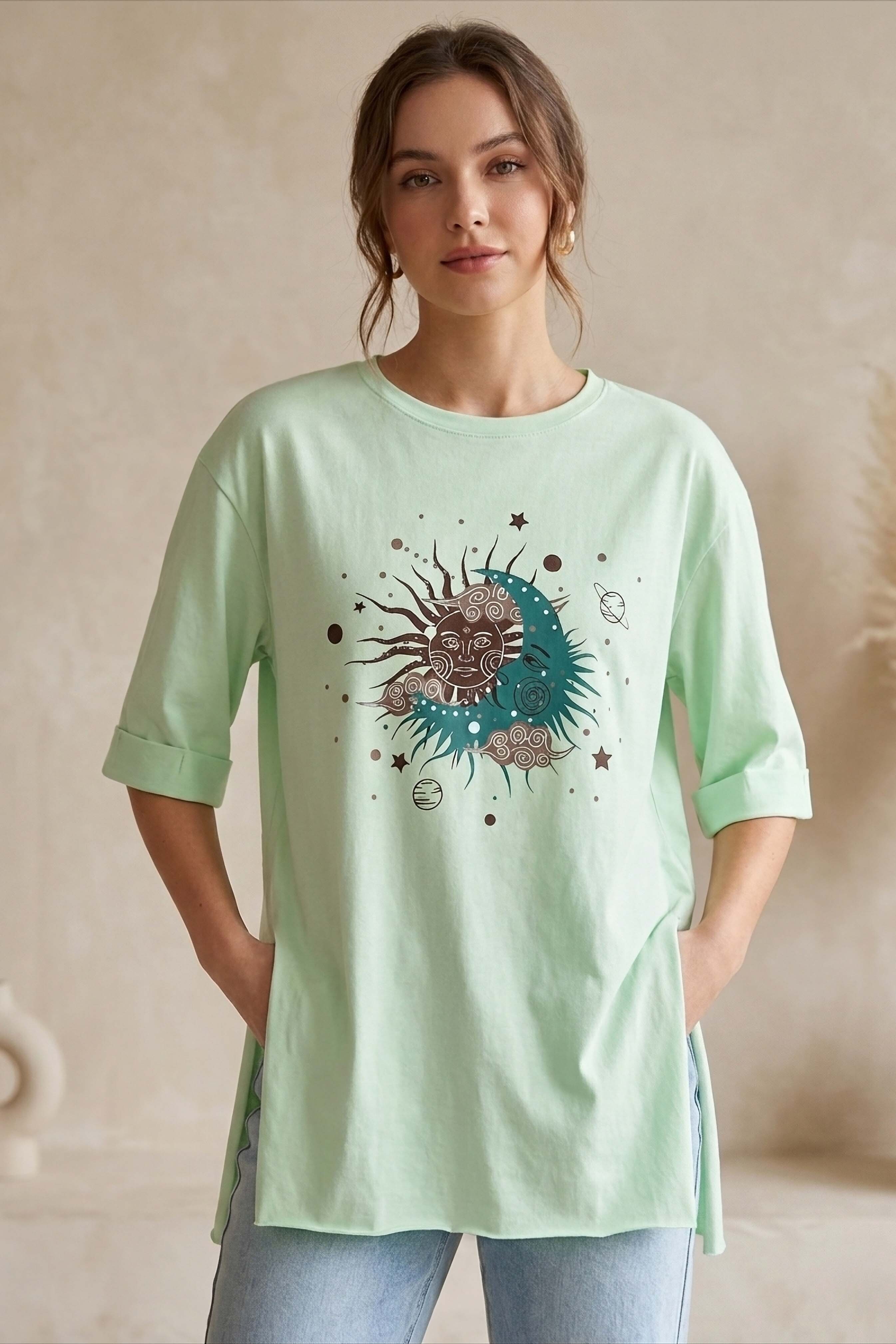 Yırtmaçlı Baskılı Kısa Kollu Tunik Mint - 1323-MINT