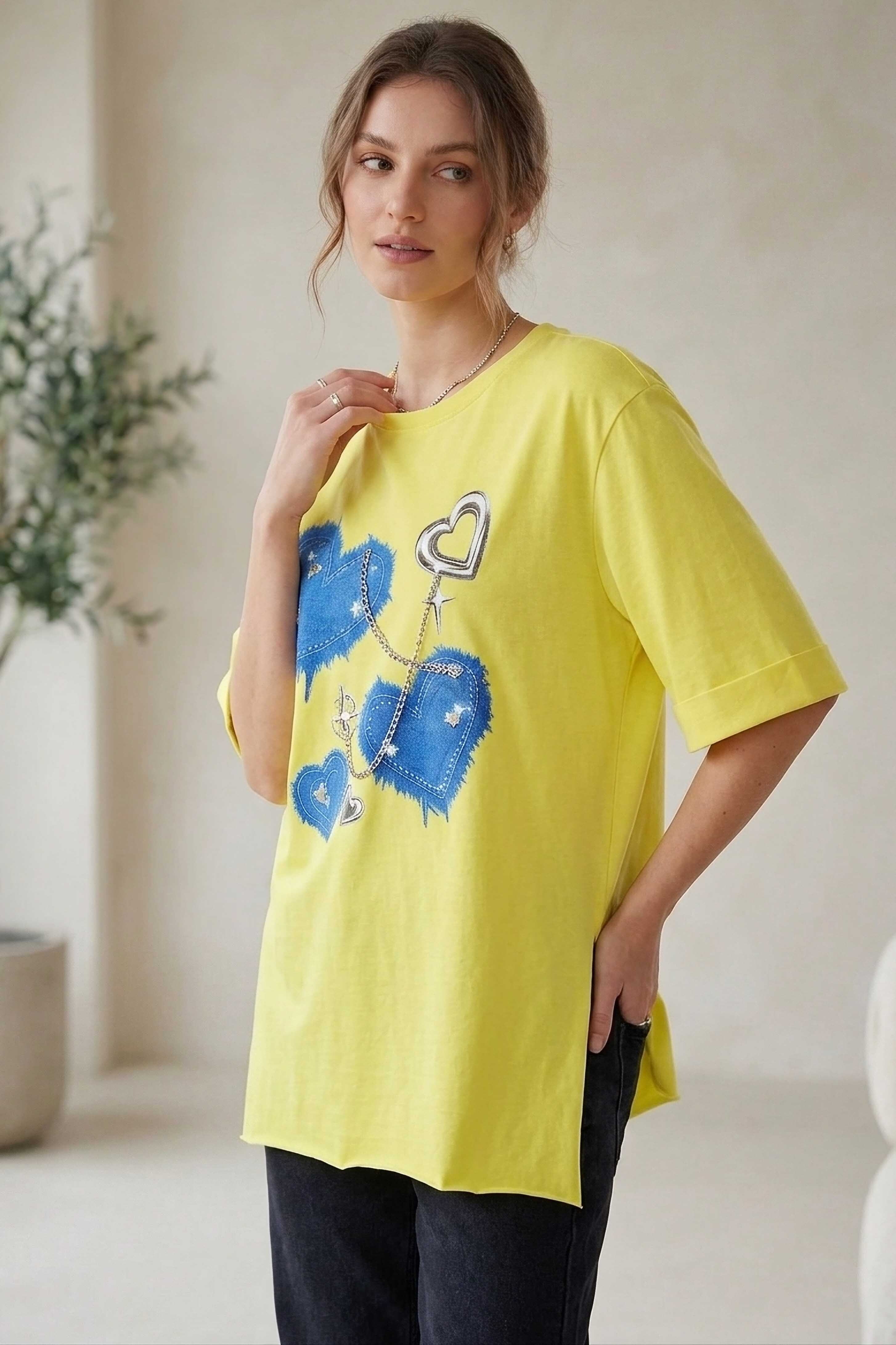 Yırtmaçlı Baskılı Kısa Kollu Tunik Sari - 1322-SARI