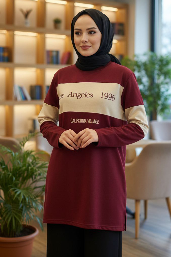 Yırtmaçlı Baskılı Tunik  - 2073-BORDO