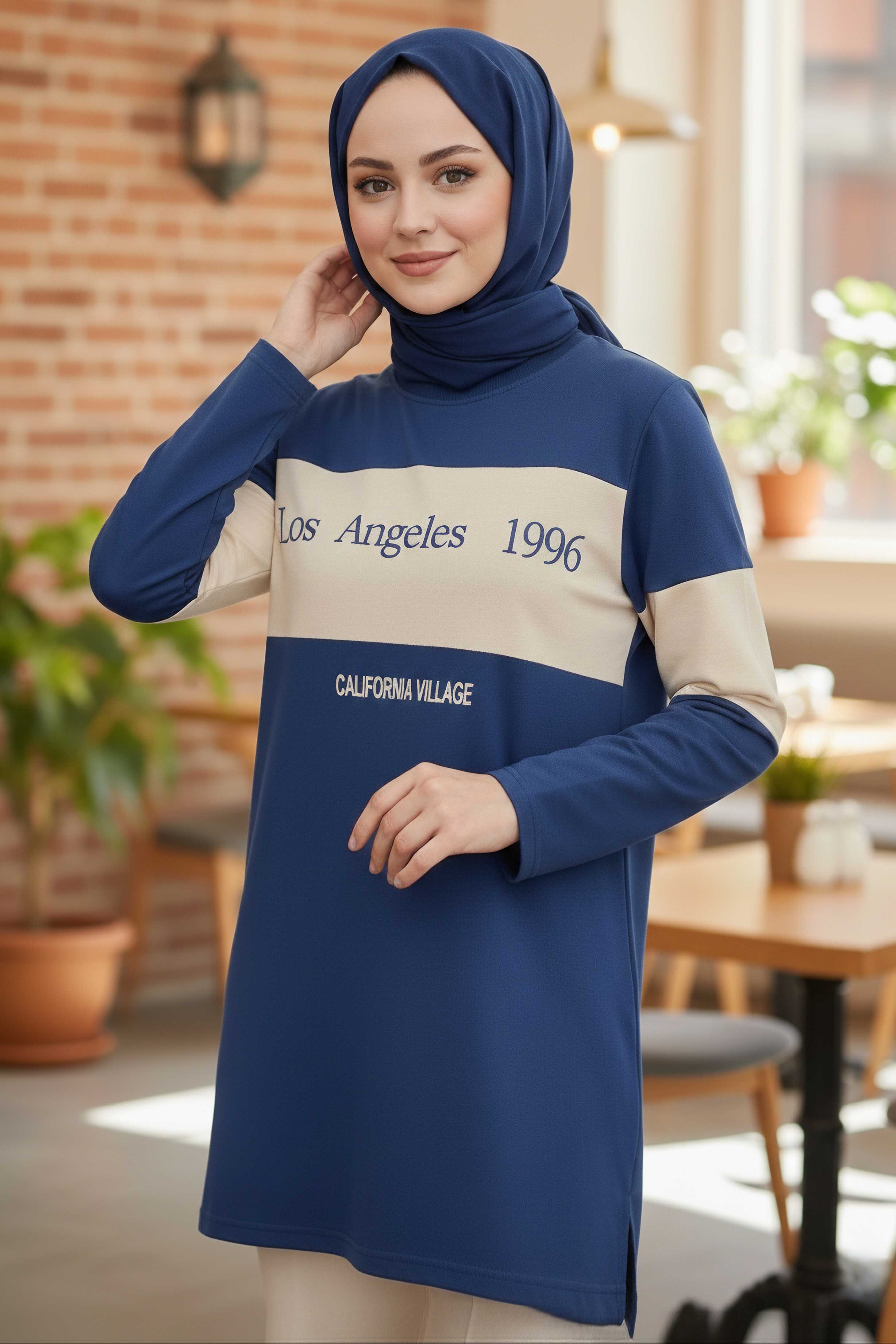 Yırtmaçlı Baskılı Tunik  - 2073-INDIGO