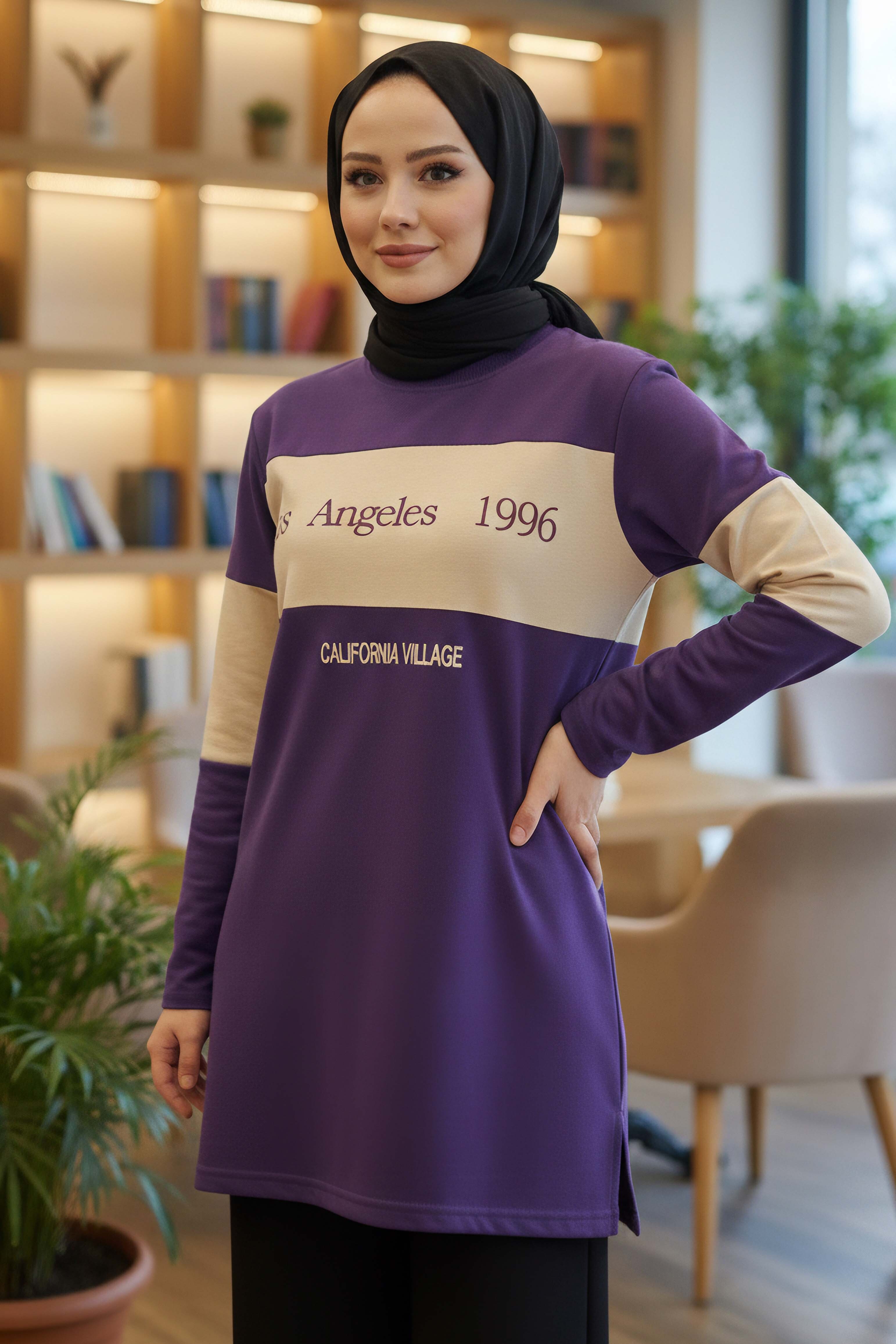 Yırtmaçlı Baskılı Tunik  - 2073-MOR